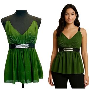 Sandra Angelozzi green V-neck black strap peplum babydoll blouse bead rhinestone